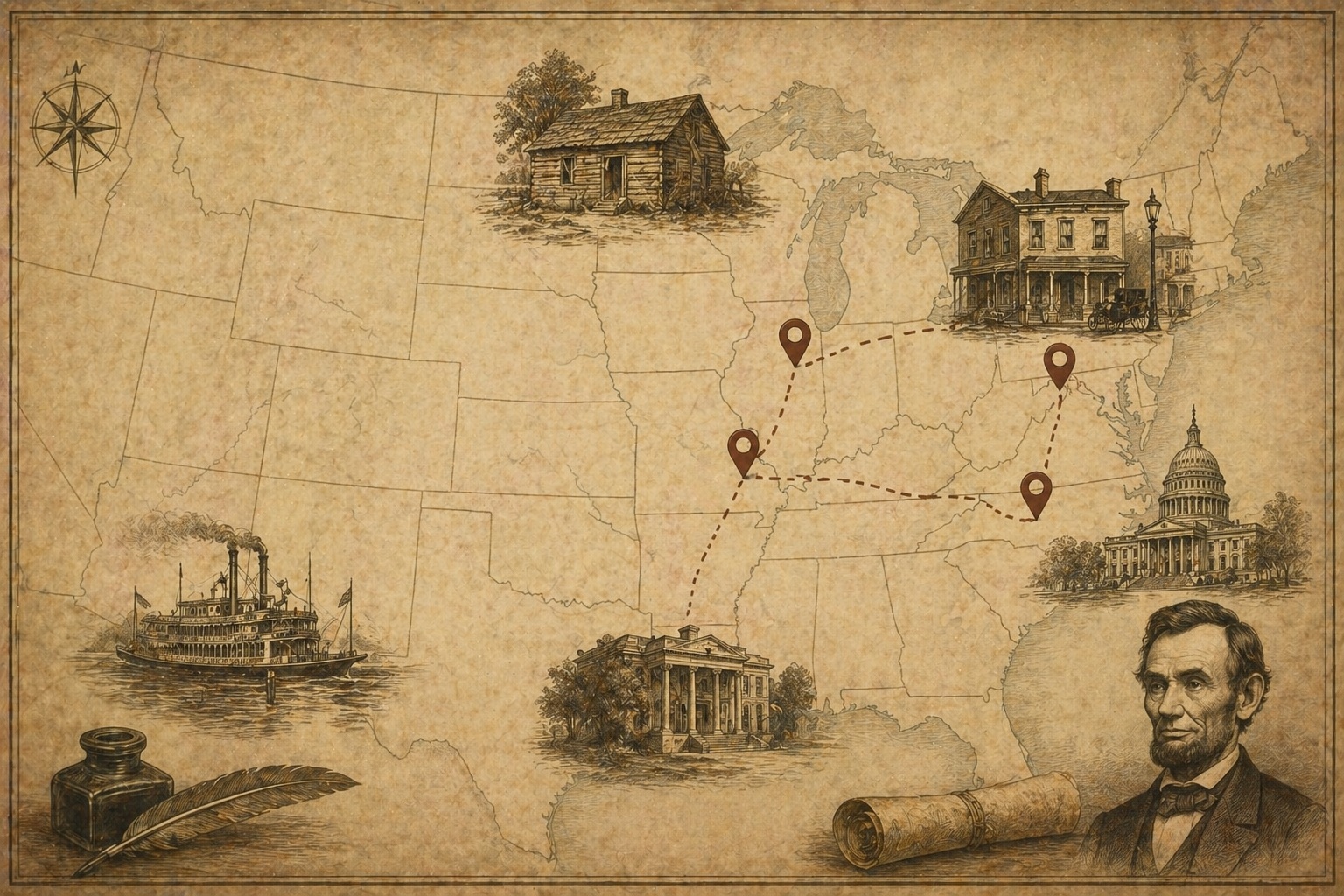 Key locations in Abraham Lincoln's life