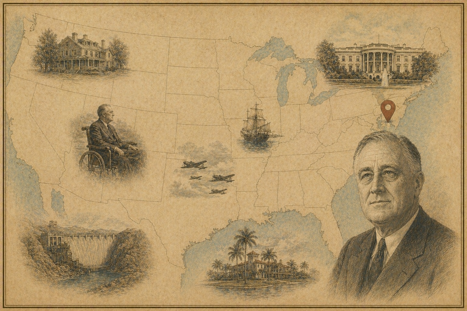 Key locations in Franklin D. Roosevelt's life
