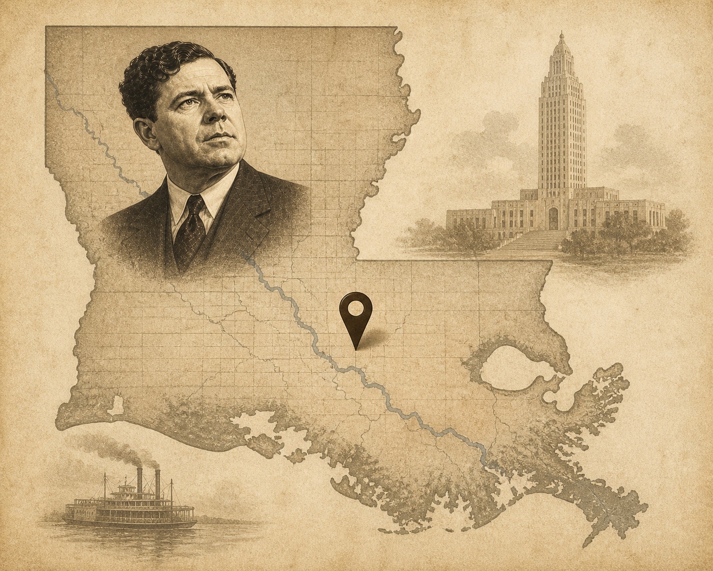 Key locations in Huey Long's life