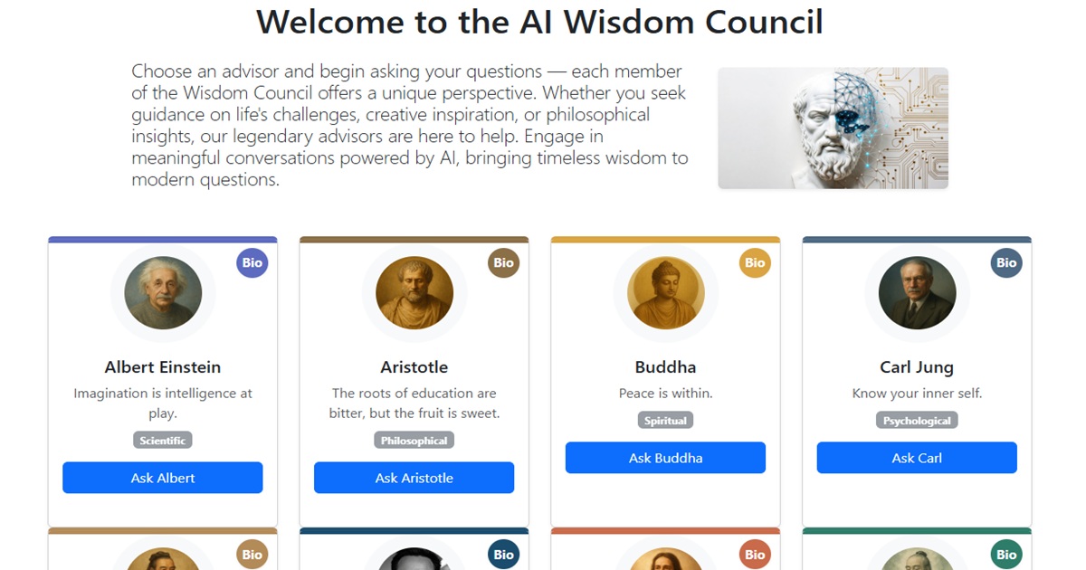 Screenshot of the home page for the AI Wisdom Council website