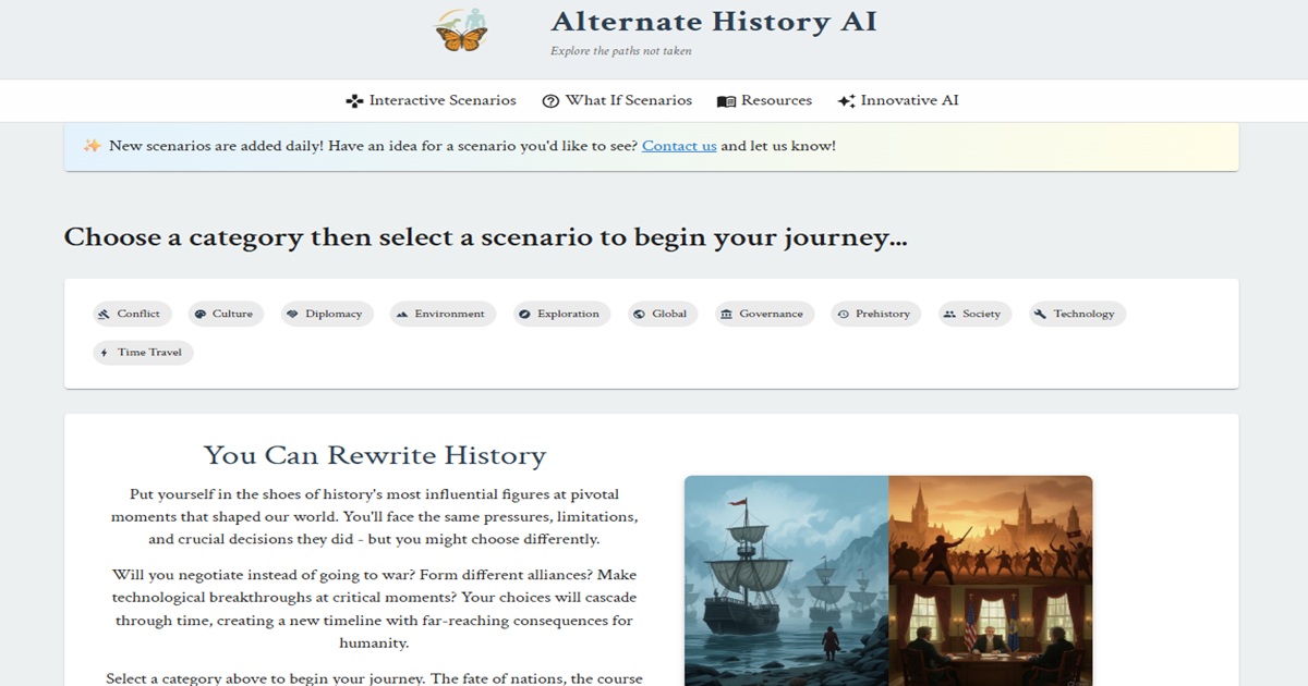 Screenshot of the home page for the Alternate History AI website