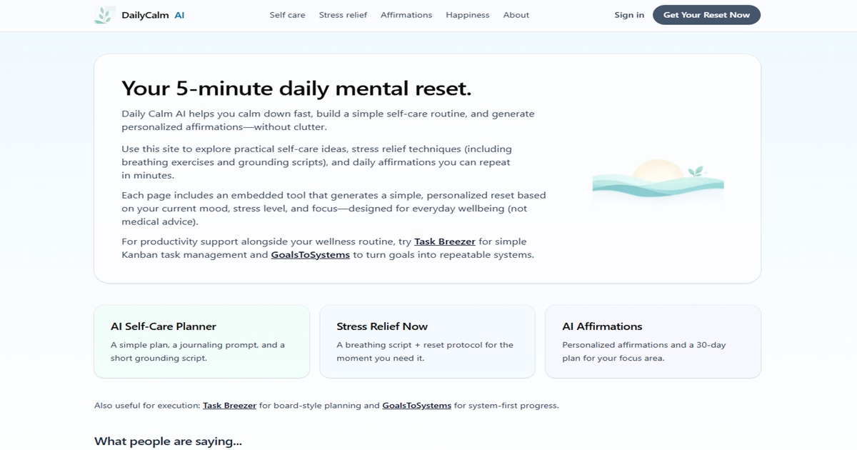 Screenshot of the DailyCalmAI home page featuring AI self-care, stress relief, and affirmation tools