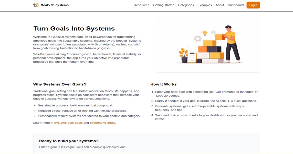 Screenshot of the home page for the Goals To Systems website