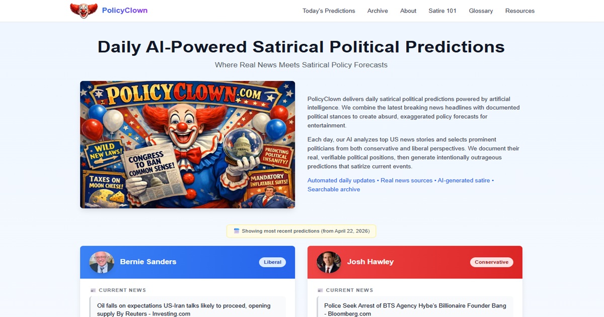Screenshot of the home page for the Policy Clown website