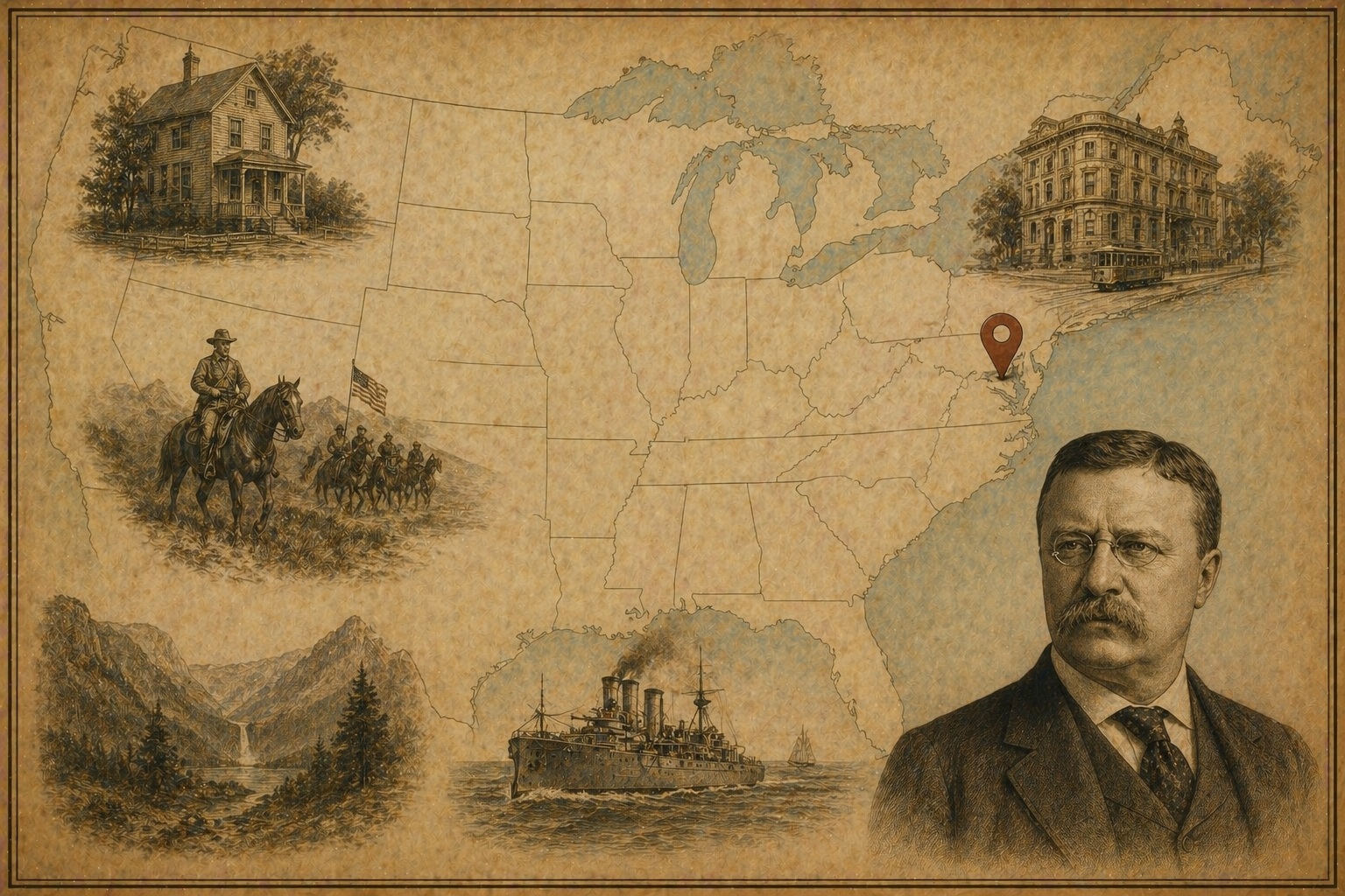Key locations in Theodore Roosevelt's life
